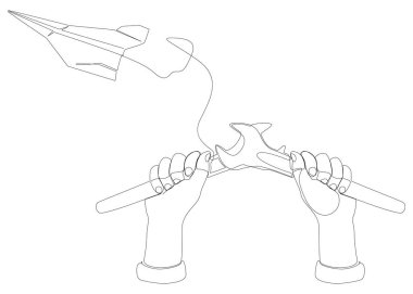 İngiliz anahtarlı Paper Airplane 'in aralıksız bir hattı. İnce Çizgi Çizimi Vektör Konsepti. Contour Yaratıcı Fikirler Çiziyor.
