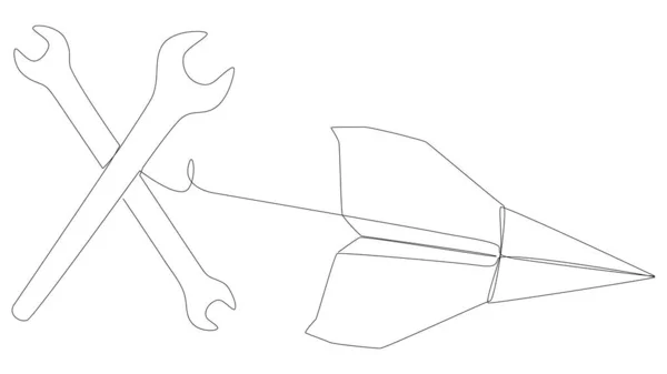 Egy Folyamatos Papírrepülőt Csavarkulccsal Vékony Vonal Illusztráció Vektor Koncepció Contour — Stock Vector