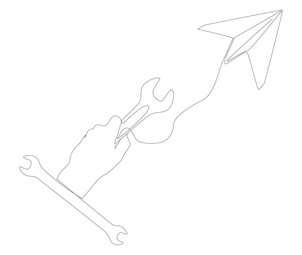 Una Línea Continua Avión Papel Con Llave Inglesa Concepto Vectorial — Archivo Imágenes Vectoriales
