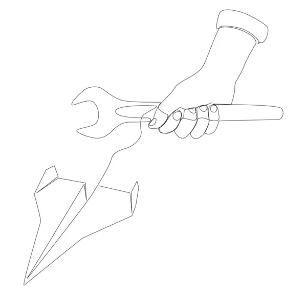 Eine Durchgehende Linie Papierflugzeug Mit Schraubenschlüssel Thin Line Illustration Vektorkonzept — Stockvektor