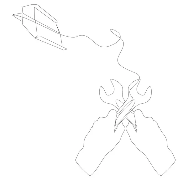 Eine Durchgehende Linie Papierflugzeug Mit Schraubenschlüssel Thin Line Illustration Vektorkonzept — Stockvektor