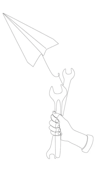 紙飛行機の1つの連続行をレンチで 細い線イラストベクトルのコンセプト Contour Drawing Creative Ideas — ストックベクタ