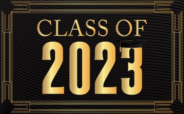 2023 mezuniyet tasarım şablonu siyah ve altın sınıf. Klasik parti davetiyesi, kutlama etkinliği, tebrik kartı. Vektör lise ya da üniversite mezuniyet posterinde retro sanat deco elementleri var..