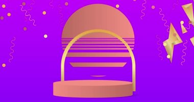 Altın, mor ve açık kırmızı sahne animasyonu. Gerçekçi ürün görüntüleme videosu. Sunum için çizgi film silindiri kaidesi podyumu. Soyut vektör asgari geometrik biçimler, boş sahne.