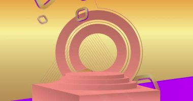 Altın, mor ve açık kırmızı sahne animasyonu. Gerçekçi ürün görüntüleme videosu. Sunum için çizgi film silindiri kaidesi podyumu. Soyut vektör asgari geometrik biçimler, boş sahne.