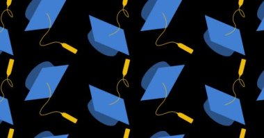 Siyah arka planda Mavi Mezuniyet Şapkaları. Mezuniyet şapkası animasyonu. Soyut kutlama daveti, tebrik etkinliği, kutlama geçmişi. Lise ya da üniversite mezuniyet videosu.