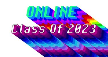 Çevrimiçi Sınıf 2023 metin. Siyah arkaplanda gökkuşağı renginde uzun katmanlı çok renkli gölgesi olan 4k animasyon kelimesi.