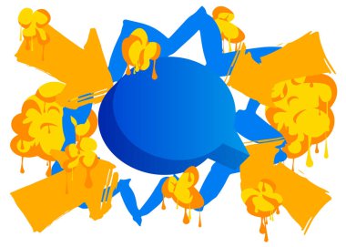 Mavi, sarı graffiti konuşma balonu beyaz arkaplanda izole edilmiş. Soyut modern sokak sanatı dekorasyonu şehir resim tarzında sahnelendi.