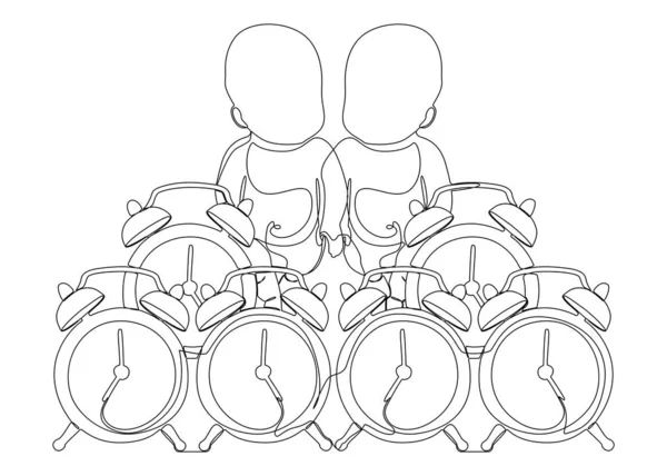 目覚まし時計と赤ちゃんの子供の1つの連続ライン 細い線イラストベクトルのコンセプト Contour Drawing Creative Ideas — ストックベクタ