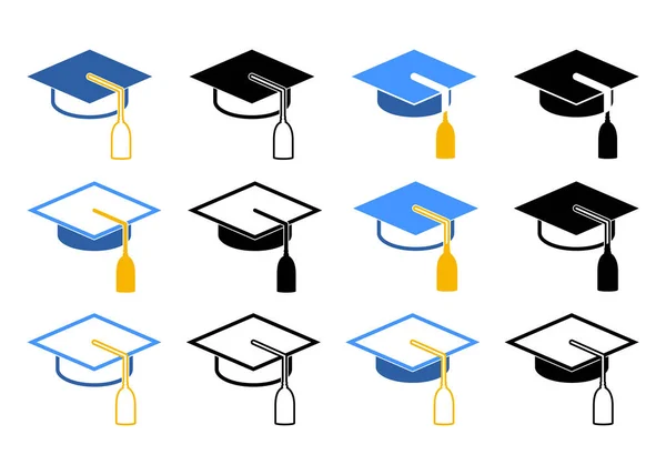 Set Graduation Cap Mortar Board Icons Vector Illustration Academic Caps — Stock Vector