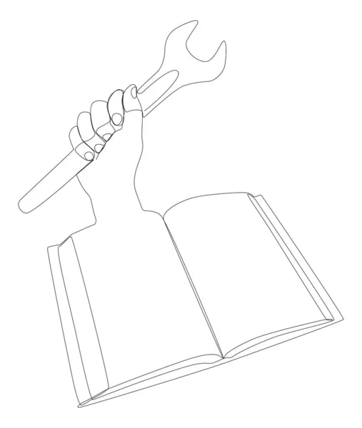 Egy Folyamatos Sor Könyv Csavarkulccsal Vékony Vonal Illusztráció Utasítás Kézi — Stock Vector