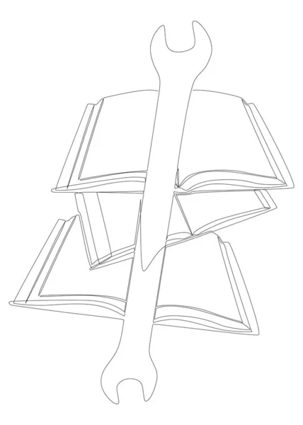 Jedna Ciągła Linijka Book Wrench Thin Line Illustration Instrukcja Instrukcja — Wektor stockowy