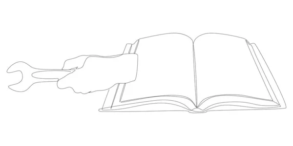 Eine Ununterbrochene Buchreihe Mit Schraubenschlüssel Thin Line Illustration Instruction Manuelles — Stockvektor