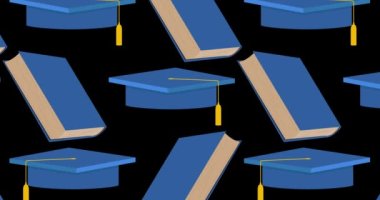 Kitap animasyonlu mezuniyet şapkası. Eğitim konsepti videosu. Mortarboard ve ders kitabı arkaplanı ile Eğitimsel Başarı.