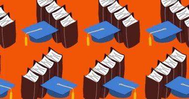 Kitap animasyonlu mezuniyet şapkası. Eğitim konsepti videosu. Mortarboard ve ders kitabı arkaplanı ile Eğitimsel Başarı.