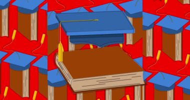 Kitap animasyonlu mezuniyet şapkası. Eğitim konsepti videosu. Mortarboard ve ders kitabı arkaplanı ile Eğitimsel Başarı.