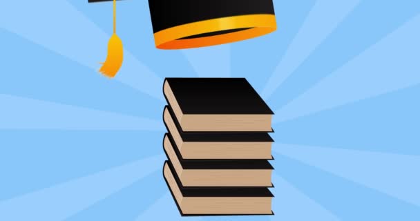 本のアニメーションと卒業キャップ 教育概念ビデオ Mortarboardと教科書の背景による教育的成功 — ストック動画