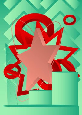 Açık kırmızı, pembe, kırmızı ve turkuaz silindir kaide podyumu. Sunum için ürün sunumu. Vektör 3 boyutlu sahne gösterisi. Soyut asgari geometrik biçimler, boş sahne.