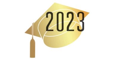 Mezuniyet siyah ve altın sınıf 2023 ve kapak animasyonu. Eğitim konsepti videosu. Mortarboard ile Eğitimsel Başarı. Lise ya da üniversite mezunu, tebrik etkinliği, parti, selamlama, davet.