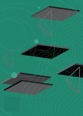 Siyah ve turkuaz geometrik karanlık temalı basit poster pankartı. Geometrik yoğun retro grafik arka plan minimumu. Kapak tasarımı için klasik rastgele şekiller şablonu.