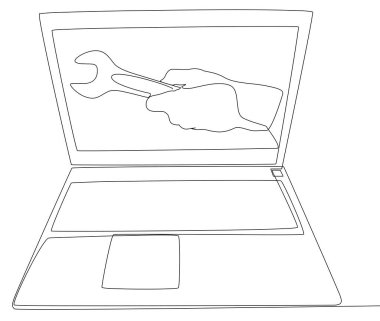 Wrench 'le bir dizüstü bilgisayar hattı. İnce Çizgi Çizimi Vektör Konsepti. Contour Yaratıcı Fikirler Çiziyor.