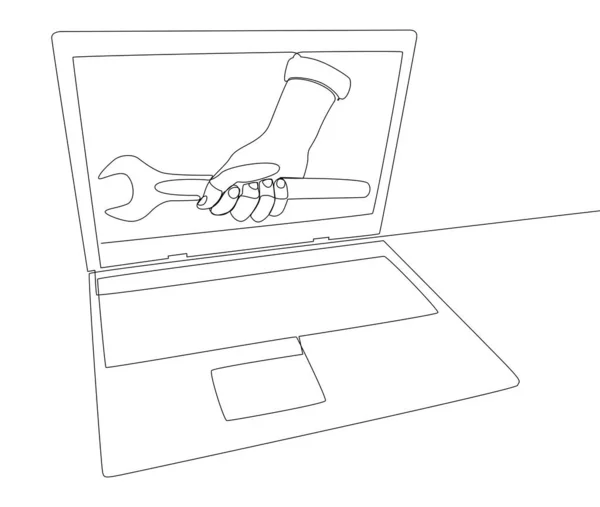 Uma Linha Contínua Laptop Com Chave Inglesa Conceito Vetor Ilustração — Vetor de Stock