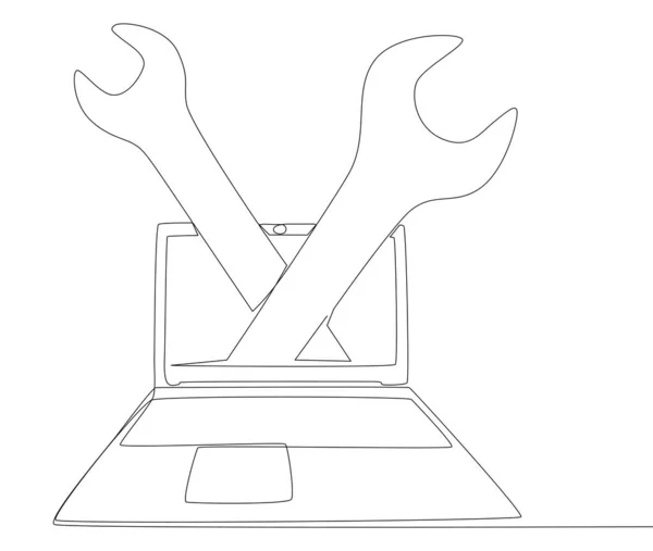Een Doorlopende Lijn Van Laptop Met Moersleutel Dunne Lijn Illustratie — Stockvector