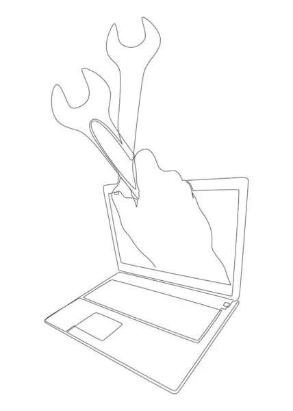 Eine Durchgehende Linie Laptop Mit Schraubenschlüssel Thin Line Illustration Vektorkonzept — Stockvektor