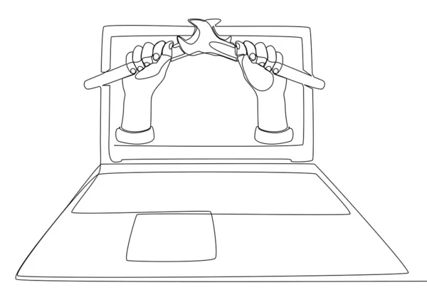 Jedna Souvislá Linka Laptopu Hasákem Koncept Vektoru Tenké Čáry Kontury — Stockový vektor