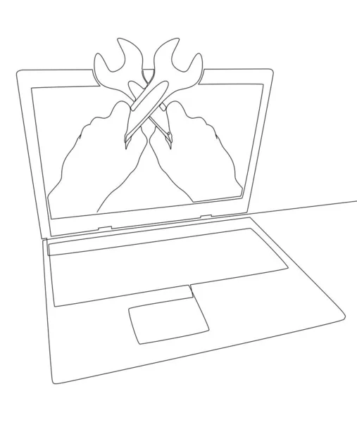 Una Línea Continua Laptop Con Llave Inglesa Concepto Vectorial Ilustración — Vector de stock