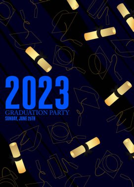 2023 mezunlarının onuruna bir parti. Üniversite mezuniyet şablonu için vektör tasarım davetiyesi. Mezuniyet etkinliği, selamlama, simge unsurlu yıllık arkaplanı.
