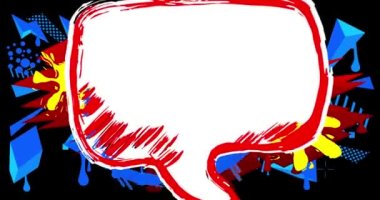 Beyaz Graffiti Konuşma Kabarcığı soyut elementlerle renkli kırmızı, mavi ve sarı arka plan animasyonu. Modern Urban tarzı konuşma simgesi çizgi film videosu.