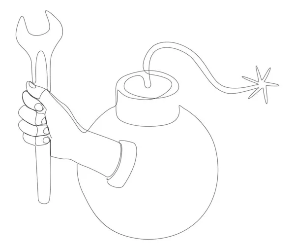 爆弾とレンチの連続ライン 細い線イラストベクトルのコンセプト Contour Drawing Creative Ideas — ストックベクタ