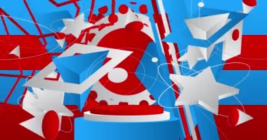 Mavi, kırmızı ve beyaz sahne animasyonu. 3D karikatür ürün görüntüleme videosu. Sunum için soyut asgari geometrik silindir kaidesi podyumu.