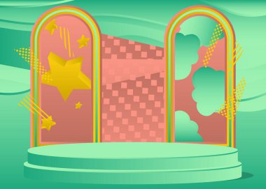 Minimum geometrik ışık kırmızı, sarı ve turkuaz silindir kaide podyumu. Fütürist model ürün sergisi. Sunum için bilim kurgu sahne gösterisi. Soyut vektör sahnesi.