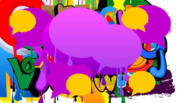 紫色演讲起泡涂鸦背景 色彩斑斓的都市画风背景 现代肮脏街道艺术装饰中的抽象讨论符号 — 图库矢量图片