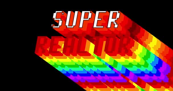 超级房地产经纪人4K动画词 长层彩色阴影 黑色背景上的彩虹色 — 图库视频影像