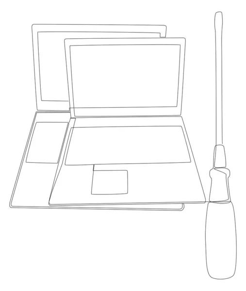 Een Doorlopende Lijn Van Laptop Met Schroevendraaier Dunne Lijn Illustratie — Stockvector