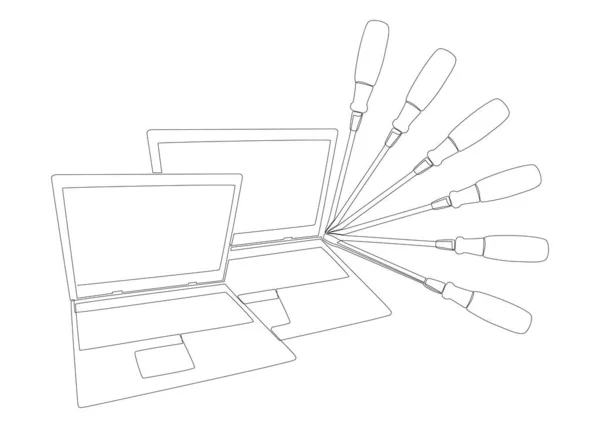 Una Linea Continua Laptop Con Cacciavite Thin Line Illustrazione Concetto — Vettoriale Stock