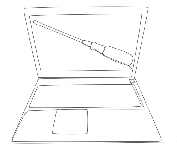 Eine Durchgehende Linie Laptop Mit Schraubenzieher Thin Line Illustration Vektorkonzept — Stockvektor