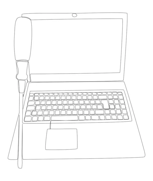 一台连螺丝刀的笔记本电脑 细线图解向量概念 环球旅行吸引创意 — 图库矢量图片
