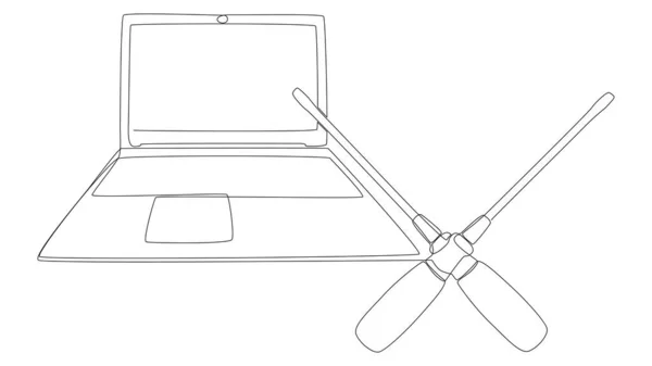 Una Linea Continua Laptop Con Cacciavite Thin Line Illustrazione Concetto — Vettoriale Stock