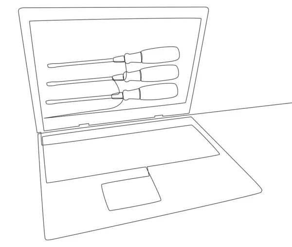 Screwdriverとノートパソコンの1つの連続行 細い線イラストベクトルのコンセプト Contour Drawing Creative Ideas — ストックベクタ