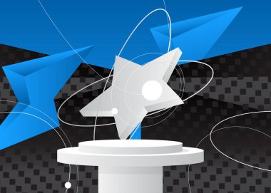 Soyut Mavi, Siyah ve Beyaz silindir kaide podyumu. Mockup Stage gösterisi. Sunum için ürün sergisi. Asgari geometrik biçimlere sahip vektör sahnesi.