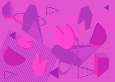 Geometrik pembe grafik minimum arkaplan. Retro geometrik karanlık temalı poster pankartı. Kapak tasarımı için klasik rastgele şekiller şablonu.