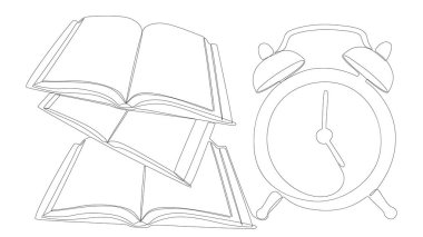 Alarmlı Saatli Devamlı bir kitap satırı. İnce Çizgi Eğitimsel İllüstrasyon Vektör Konsepti. Contour Öğrenmek için Yaratıcı Fikirler Çiziyor.