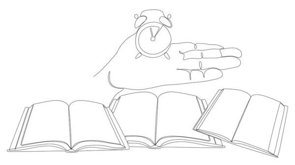 目覚まし時計付きの本の1つの連続行 細い線教育イラストベクトルの概念 コンタクト ドローイング学ぶべき創造的なアイデア — ストックベクタ