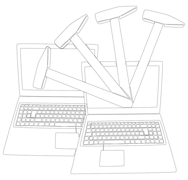 Una Linea Continua Laptop Con Hammer Thin Line Illustrazione Concetto — Vettoriale Stock