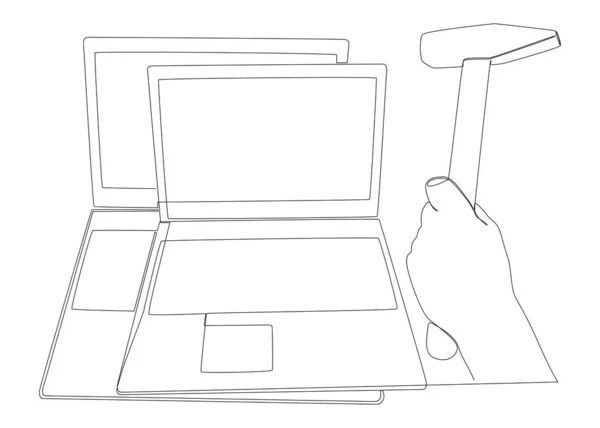 Kontinuerlig Linje Laptop Med Hammer Tunn Linje Illustration Vektor Koncept — Stock vektor