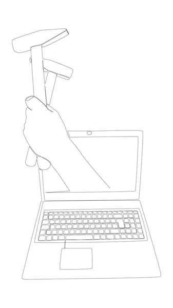 Una Linea Continua Laptop Con Hammer Thin Line Illustrazione Concetto — Vettoriale Stock